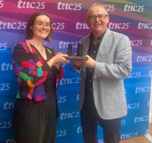 Ronan Byrne, CEO HEAnet, presented with the GÉANT Community Award by Charlie van Genuchten (SURF) at TNC25, held in Brighton,
